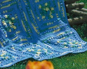 CROCHET PATTERN Afghan in Blue and Yellow Motifs Using a Puff Stitch Blanket Digital Download