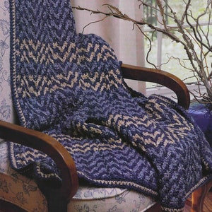 Mosaic CROCHET PATTERN Blue Wavy Afghan with Zigzags, Ripples or Chevron, Masculine Blue and Tan Throw Vintage 90s Manly Gift for Him