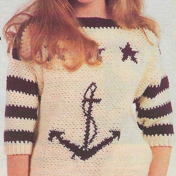 Vintage Crochet Pattern Women's 3/4 Sleeve Sweater Anchor's Away Shirt for Her Nautical Top