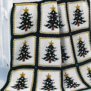 Christmas Pines CROCHET Afghan PATTERN with Christmas Trees, Nice Blanket for the Holidays Green, Gold and White Xmas Throw