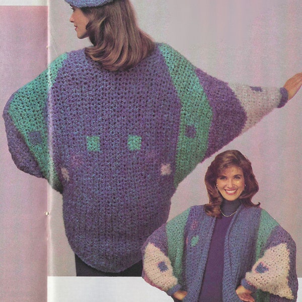 CROCHET PATTERN Women's Jacket & Beret Gift for Her Vintage 1980s Cover Up Loose Fit
