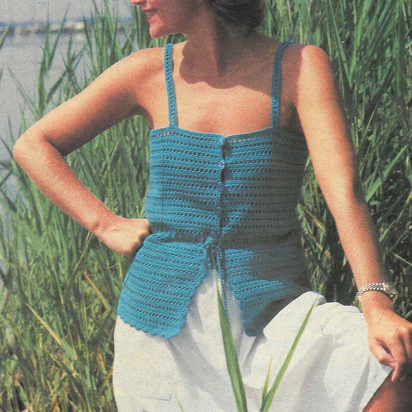 CROCHET PATTERN Ladies Button-Down Tank Top Blue Women's Sleeveless Shirt Vintage 80s Camisole Summer Clothing Digital Download