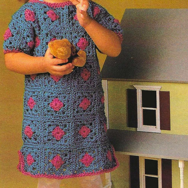 CROCHET PATTERN Toddler Dress Granny Square Girls Dress Vintage 1980 T-shirt Dress