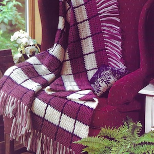 Plaid Crochet Blanket PATTERN: Rose, Navy, and White Afghan (PDF Pattern)