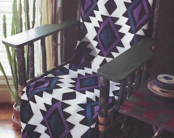 Aztec Tunisian CROCHET PATTERN Afghan Southwestern Blanket Indian Style Throw Vintage 90s Crochet Purple Blue Black and White Navajo Afghan