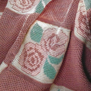 Sweetheart Roses Tunisian CROCHET PATTERN Blanket Pretty Pink Flowers for Valentines Day Vintage 90s Afghan with Cross-stitch Rose