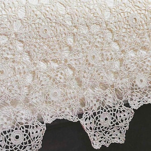 以下が含まれることがあります： 白いレース生地は、クロシェ編みで、縁はギザギザになっています。レースは繊細な花柄です。