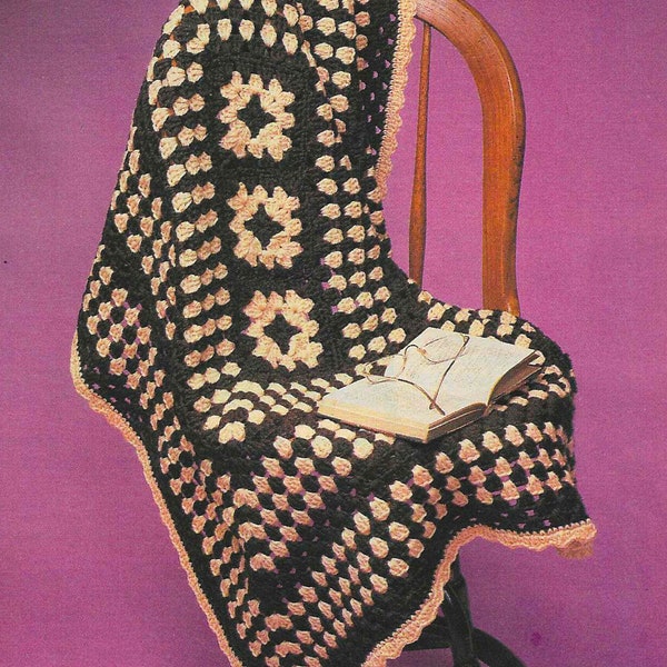 Crochet Pattern Granny Square Afghan Peach and Brown Throw Blanket Vintage 80s Style Easy Beginner Covering for Bed Antique Look Lap Blanket