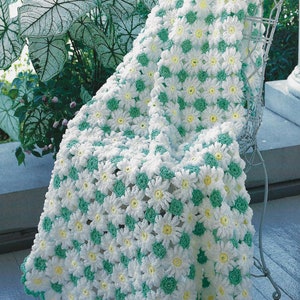 Daisy Delight CROCHET PATTERN Blanket White Flowers on Green Background Springtime Afghan Cottage Decor or Baby Blanket