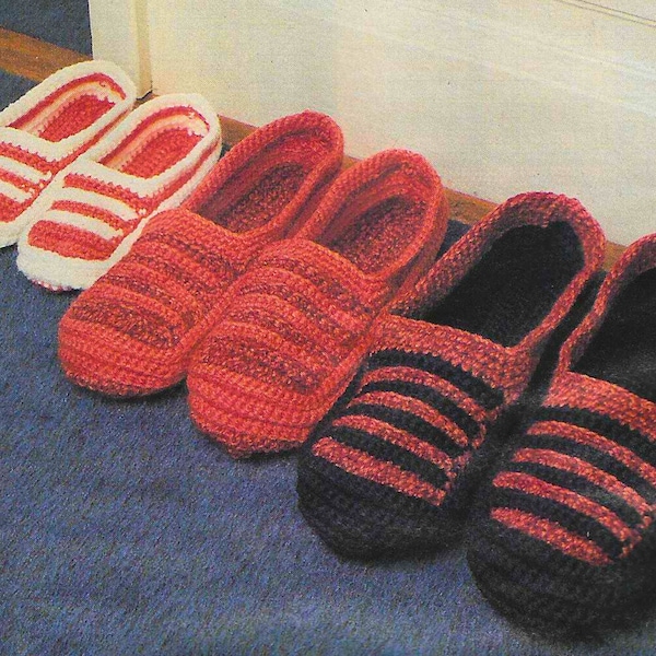 CROCHET PATTERN Slippers for Family Striped House Shoes Warm Cozy Footwear for Everyone Vintage 80s Crochet Machine Washable Vintage 80s