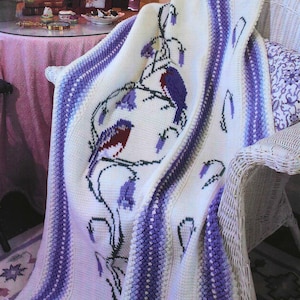 Couverture tunisienne de jacinthes de jacinthes d'Afghanistan avec oiseaux, jeté vintage bleu et blanc à rayures bleues, téléchargement immédiat