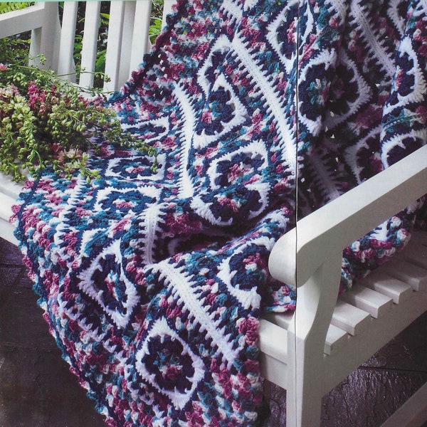 CROCHET PATTERN Block Afghan Pretty Rows of Flowers Vintage 90s Blanket Rose Green Teal and White Throw for Sunroom or Patio