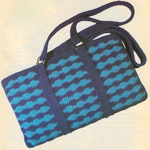 Gewellte Damen Henkeltasche Blau Zweifarbige Damen Geldbörse mit Henkeln Einfaches Häkelmuster Vintage 80er Jahre Umhängetasche für Sie
