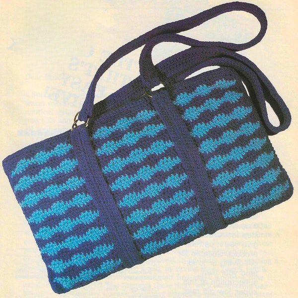 Wavy Women's Tote Bag Blue Two-Tone Ladies Purse with Handles Simple Crochet Pattern Vintage 80s Shoulder Bag for Her