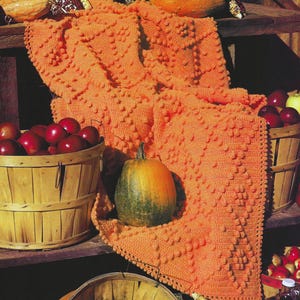 Może przedstawiać: Pomarańczowy pled szydełkowy z fakturowanym wzorem w postaci guzików. Pled jest położony na drewnianej półce z koszykami pełnymi jabłek i dyni.