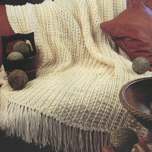 Reversible Vintage Crochet Pattern Afghan with Fringe Aran Cable Blanket Fisherman's Throw  One Color Crochet Pattern Baby Shower Gift