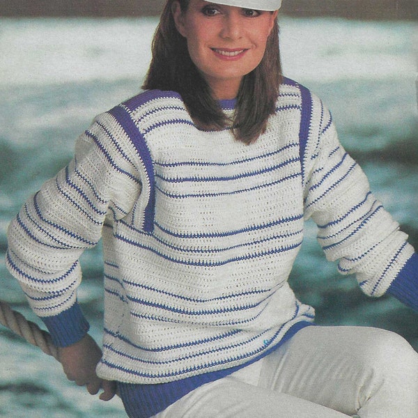 Crochet Pattern Women's Top Nautical Ladies Sweater Warm and Cozy Vintage Shirt for Her Blue and White Long Sleeve Digital Download Pattern