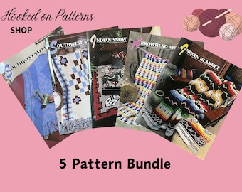 CROCHET PATTERN BUNDLE 5 Southwestern Blanket Patterns in Various Colors and Sizes Vintage Afghan Lot of Patterns