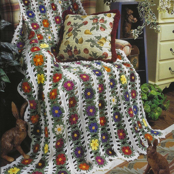 CROCHET PATTERN Floral Afghan Colorful Blanket with Flowers Easy Beginner Crochet with Scraps House Warming Gift Primrose