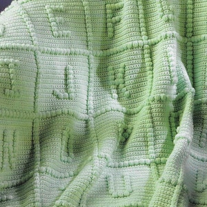 May include: A light green crocheted blanket with a textured, geometric design. The blanket features raised, square patterns and a soft, inviting appearance. The overall aesthetic is handmade and cozy, perfect for home decor.