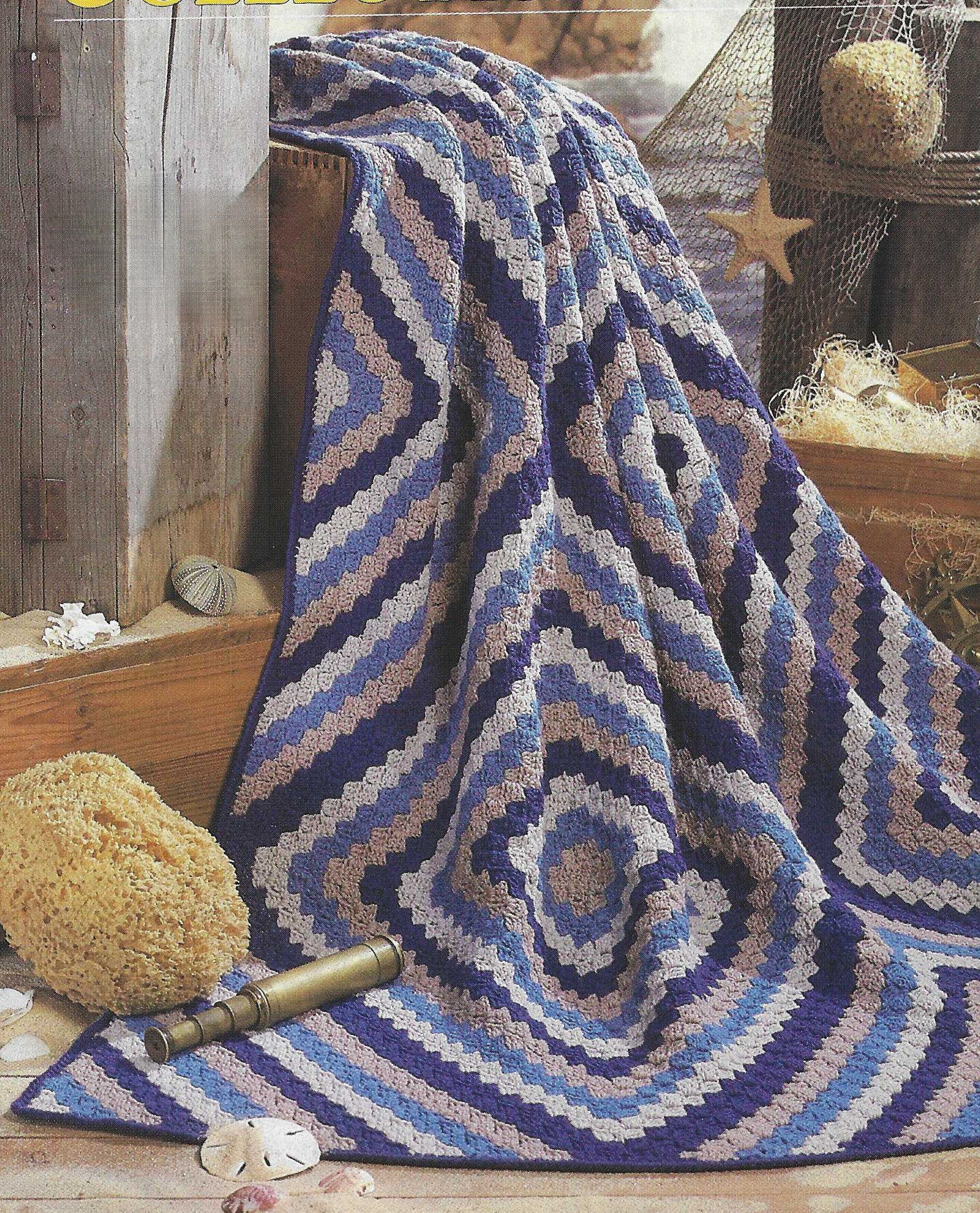 CROCHET PATTERN Striped Afghan Diagonal Blocks Throw Blanket Vintage Blue White Taupe Square Afghan Manly Gift for Him