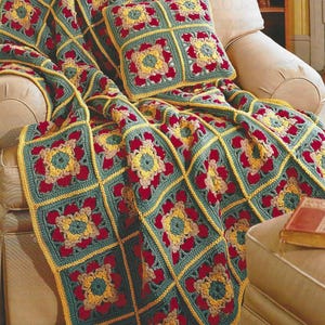 Autumn Colors CROCHET Blanket and Pillow PATTERN Granny Square Style Housewarming Gift for Her, Warm Colors of Thanksgiving Decor DIY