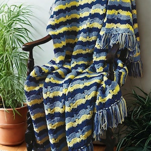 Quick and Easy Rippling Shells Crochet Blanket PATTERN: Blue & Yellow Afghan (PDF Pattern)