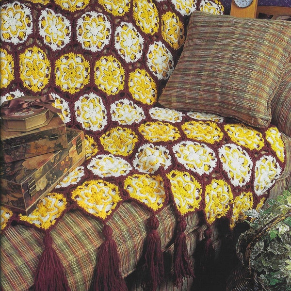 CROCHET PATTERN Blanket Yellow Flower Afghan Motif Pattern Fall Colors Vintage 90s Throw Yellow Brown White Autumn Floral Colors