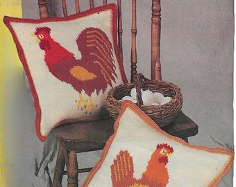 Vintage Rooster and Hen Crochet Pillow PATTERN, Country Home (Digital Download)