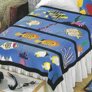 Virkmönster med vintagefisk, grafisk virkning, barnfilt med havsmotiv (PDF-nedladdning)