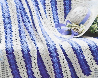 Vintage Crochet Afghan PATTERN: Blue & White Striped Blanket, No Sew, Join As You Go