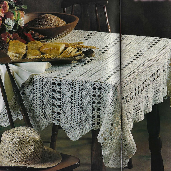 Rambling Rose Tablecloth Crochet Pattern 58 x 81" Rectangle Table Cover Cotton Thread Elegant and Lacy for Dining Table Vintage 90s Style