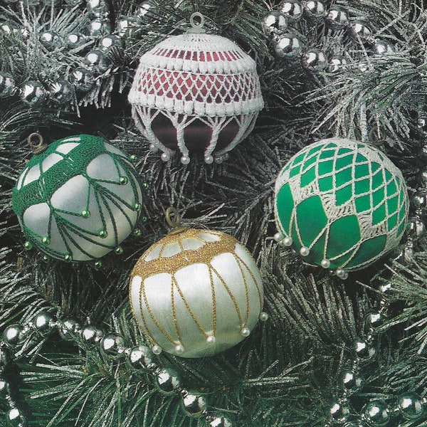 Christmas Ornaments CROCHET PATTERN Holiday Colors Gold Green White Ecru Decorations for Christmas Tree Vintage 90s Crochet