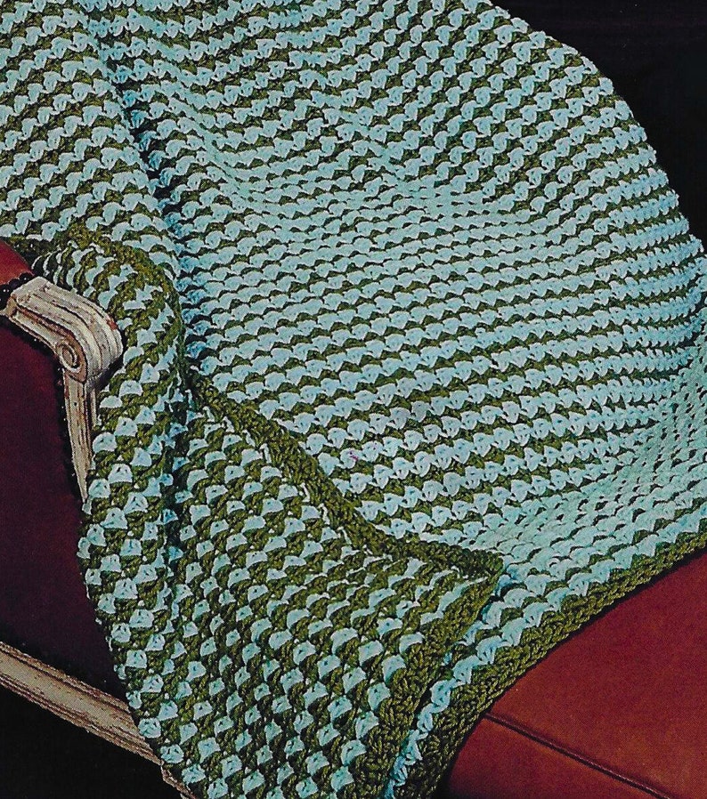 Reversible CROCHET PATTERN Blanket Houndstooth Style Afghan Blue and Olive Throw Vintage 70s Gift for Him