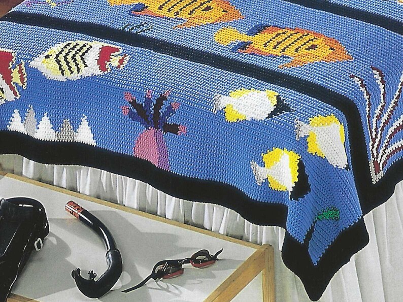 Vintage Fish Afghan Crochet PATTERN Graph Single Crochet Kids Ocean ...