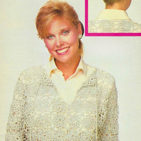 CROCHET PATTERN Silver Lacy Women's Cover Up with Snood Vintage 80s Ladies Shirt 3/4 Sleeve Top for Her Layer Over Other Shirts