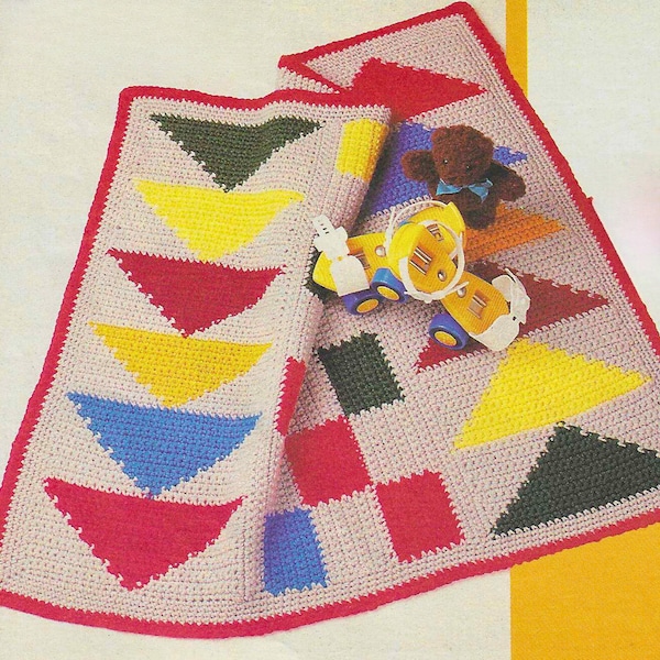 Geometric Baby Blanket CROCHET PATTERN Colorful Baby Afghan Triangles and Squares Vintage 90s Throw for Baby Shower Gift Small Travel Size