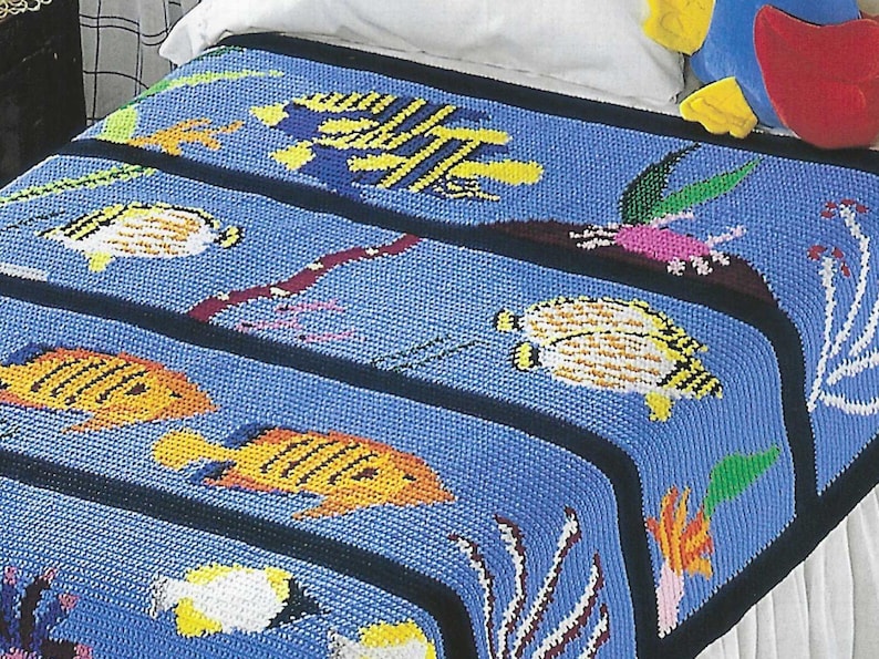 Vintage Fish Afghan Crochet PATTERN Graph Single Crochet Kids Ocean ...