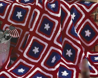 Crochet Star Afghan Pattern: Red White Blue Granny Square Blanket (PDF Download