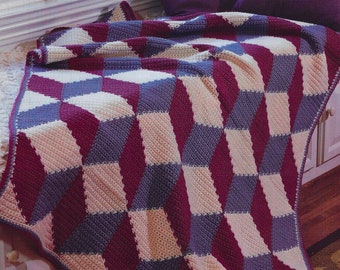 CROCHET PATTERN Beginner Afghan Blocks in 3 Colors Dimensional Blanket Fun Look for Him Manly Throw Great for Den or Library Single Crochet
