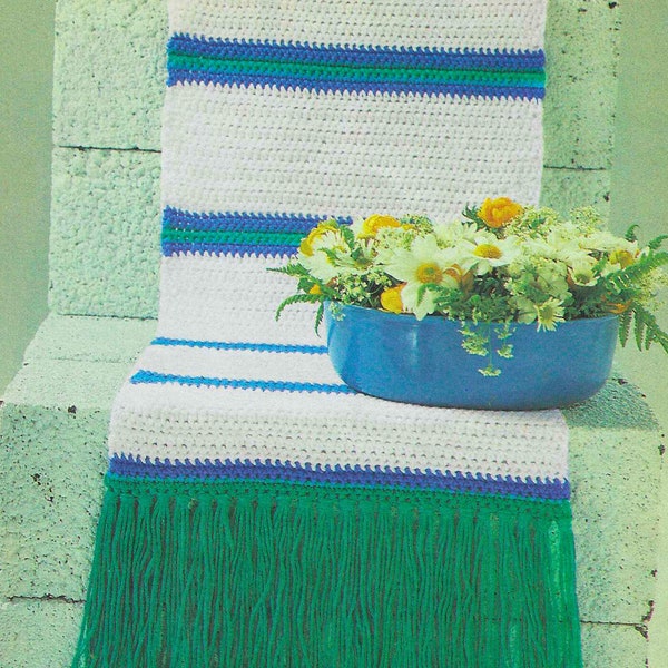 CROCHET PATTERN Beginner Table Runner Shawl or Lap Blanket for New Crocheters Easy Pattern Vintage 80s White Blue and Green