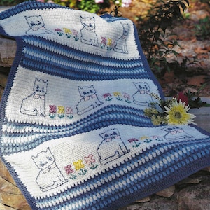 Kittens CROCHET PATTERN Blanket Vintage Cat in Garden with Flowers Afghan Quick to make Cats and Flowers are Embroidered Small Throw Blanket