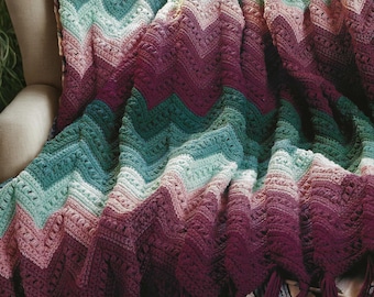 Royal Ripple CROCHET PATTERN Afghan with Wavy Stripes in Emerald Ruby Colors  Crochet Blanket Quick and Easy Puff Stitches