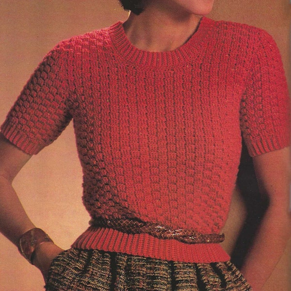 Vintage Crochet Patten Women's Red Pullover Short Sleeve Top Easy to Crochet Sweater Vintage 1980s