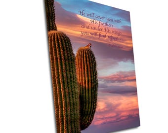 Saguaro Cactus Wall Art: Desert Sunset with Inspirational Verse