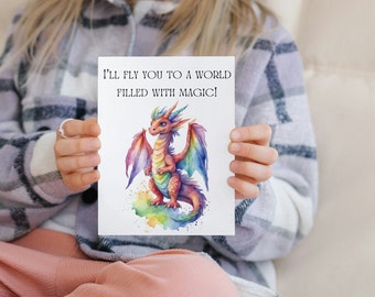 Printable folded greeting card  with magic dragon. Digital download. Card size 12,5 × 16 cm.