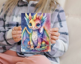 Printable greeting card with magic dragon. Digital download. Card size 12,5 × 16 cm.