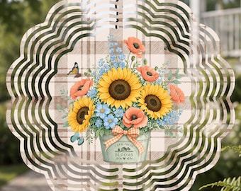 Sunflower Wind Spinner, Rustic Farmhouse Metal Yard Art, Floral Summer Porch Decor, Gift for Her
