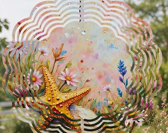 Coastal Starfish Wind Spinner, Beach Wildflower Ocean Art, Textured Sand & Daisy Garden Decor