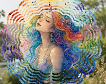 Mermaid Wind Spinner, Watercolor Rainbow Garden Art, Kinetic Metal Yard Decor